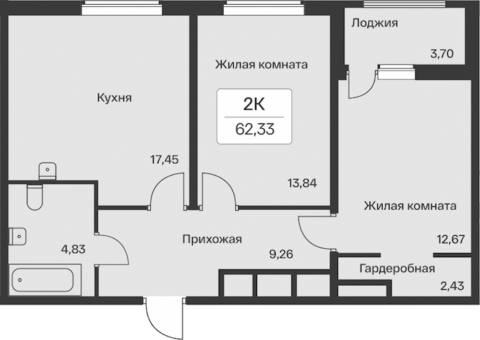 2-комнатная квартира 62.33 м², 11/11 эт., ЖК «Расцветай в Янино»
